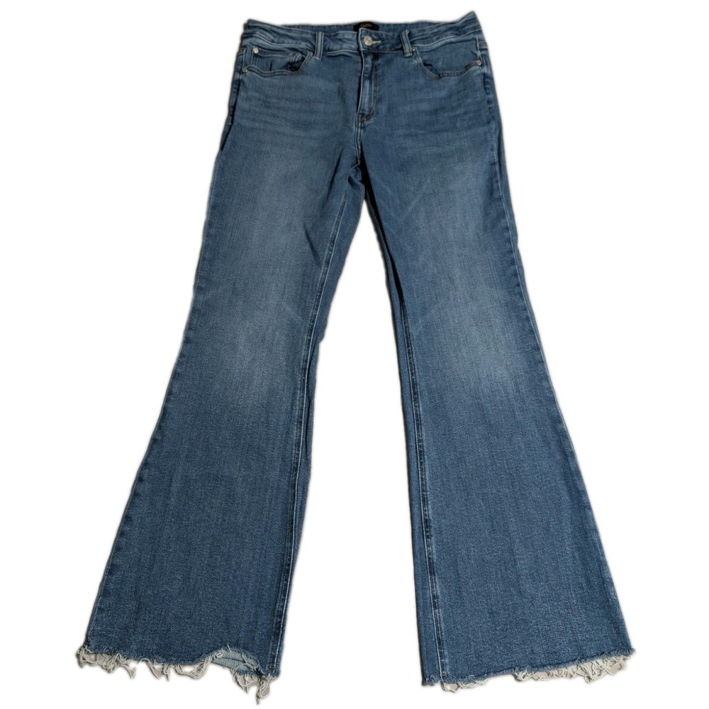 Quince Luna Stretch Flare Jeans Womens 32 Twilight Blue Fray Raw Hem High Rise